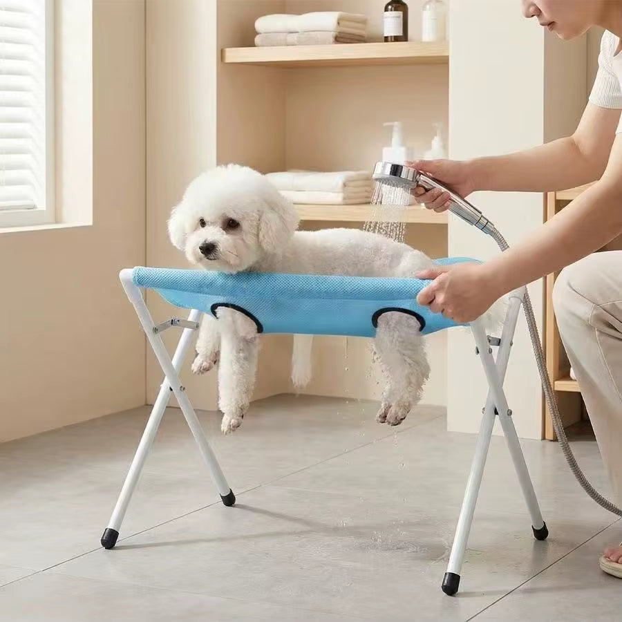 Portable Foldable Hands Free Stainless Steel Frame Breathable Mesh Support Pet Shower Rack Dog Bathing Stand For