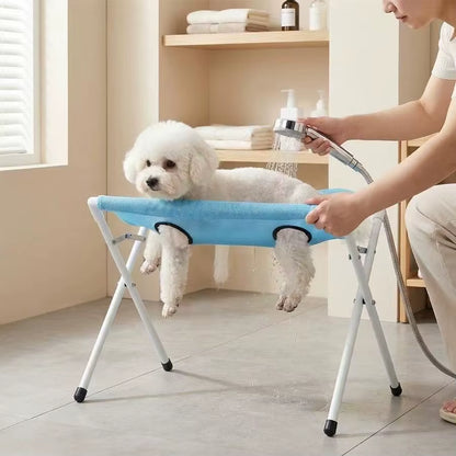 Portable Foldable Hands Free Stainless Steel Frame Breathable Mesh Support Pet Shower Rack Dog Bathing Stand For