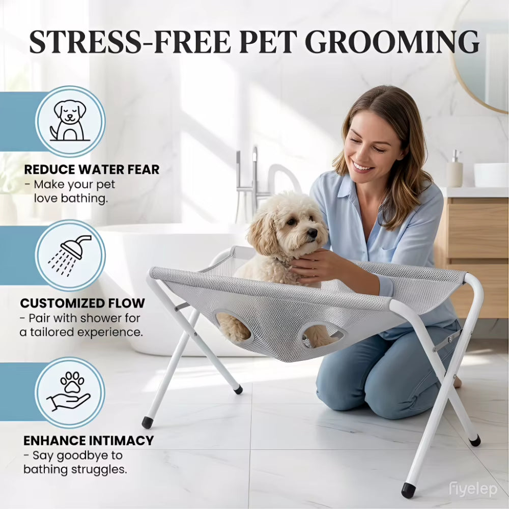 Portable Foldable Hands Free Stainless Steel Frame Breathable Mesh Support Pet Shower Rack Dog Bathing Stand For